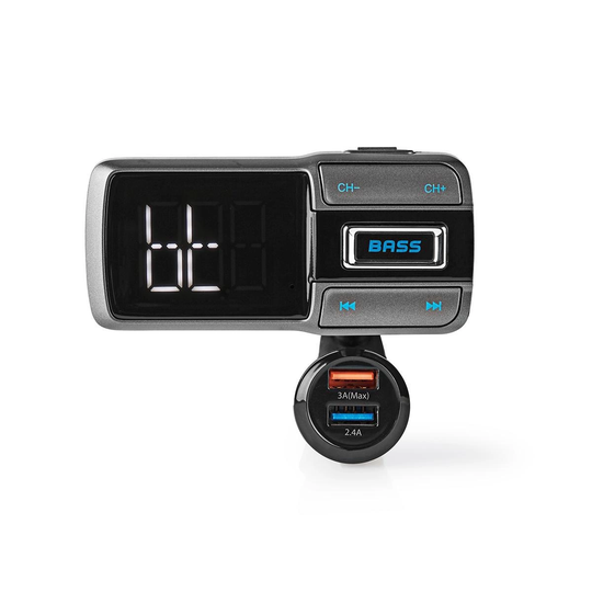 Bil FM-sändare | Trådlösa samtal | LED Skärm | Bluetooth | Snabbladdning | Bas boost | Google Assistant / Siri | Grå / Svart
