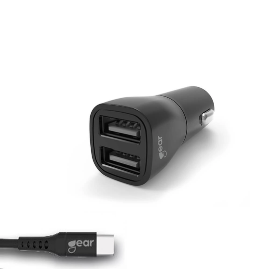 Laddare 12-24V 2xUSB 3.4A Svart USB-C 2.0 Kabel 1m