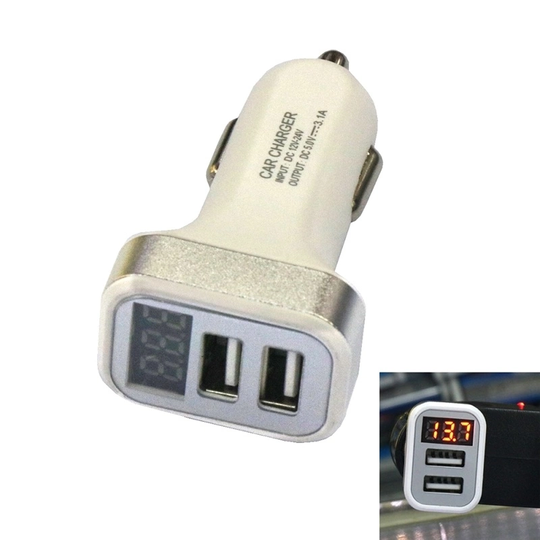 USB-billaddare med 2 USB-portar och display, Silver