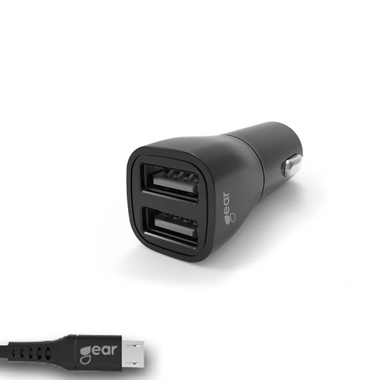 GEAR Laddare 12-24V 2xUSB 3.4A Svart MicroUSB Kabel 1m