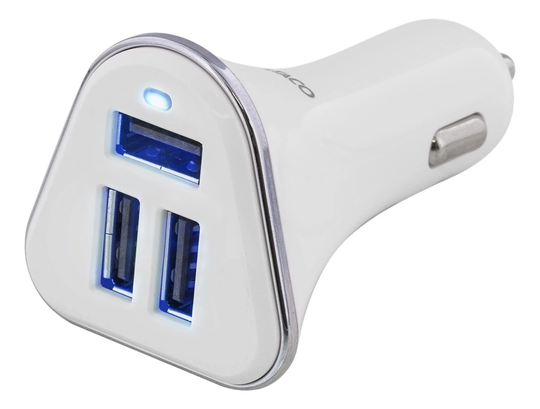 DELTACO billaddare, 5,2A, 3xUSB Type A, 12-24V DC input, vit/silver