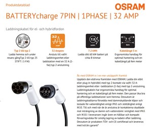 Laddkabel Osram elbil Typ 2 32A 1-Fas 5M 7.2 Kw 240V, Universal