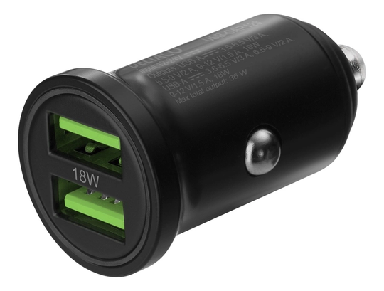 DELTACO USB car charger, 2x USB-A 18 W, fast charging, 36 W total