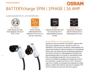 Laddkabel Osram elbil Typ 1 32A 1-Fas 5M 3.6 Kw 240V, Universal