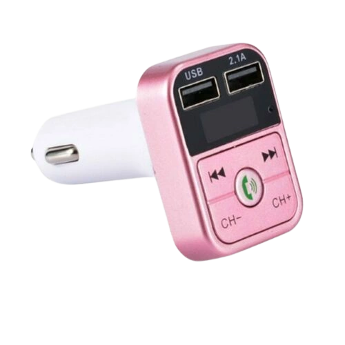 2-i-1 FM-Sändare med dubbla USB-uttag, display och knappar, Rosa