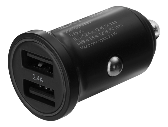 DELTACO 12/24 V USB-billaddare med dubbla USB-A portar, 24 W svart