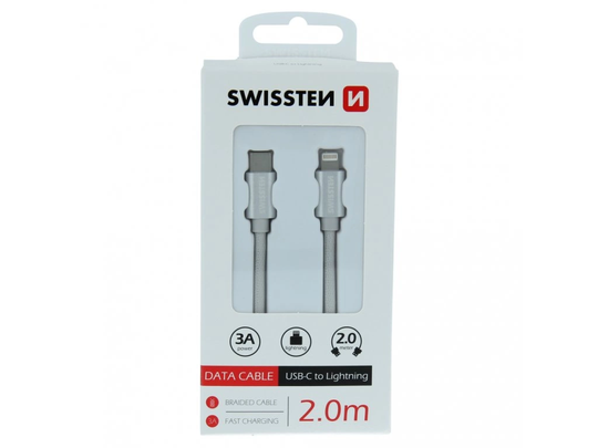 Swissten Lightning Textilkabel, 2m, Silver