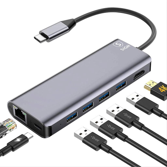SiGN 7-i-1 USB-C-hub HDMI RJ45 USB-C, max 100W, 20V, 5A - Grå