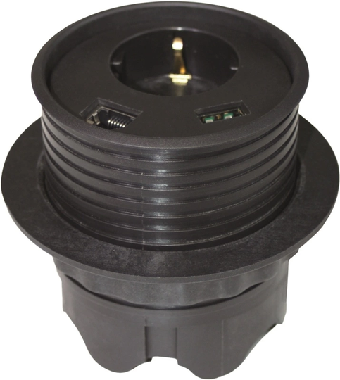 Powerdot Satellit PD12 - satellit, 1x CEE 7/4, RJ45, USB, svart