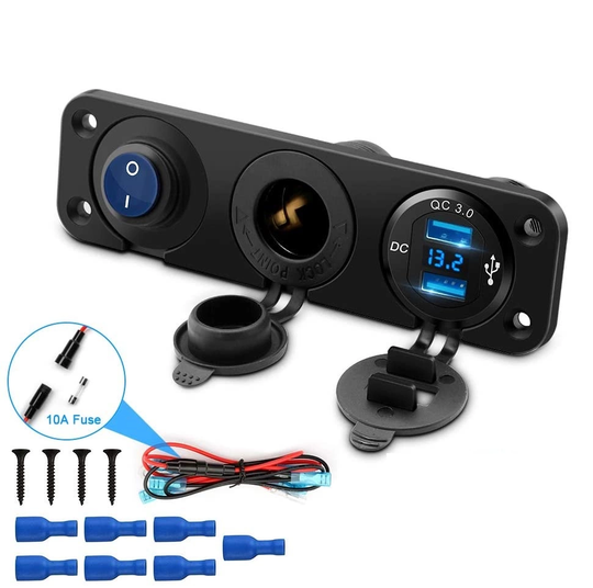 Extra uttag till bil, båt, husbil, 12V och 2xUSB + strömbrytare