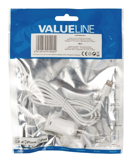 Valueline Billaddare lightning - 12 V 1 meter vit 2.4A