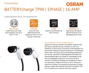 Laddkabel Osram elbil Typ 2 16A 1-Fas 5M 3.6 Kw 240V, Universal