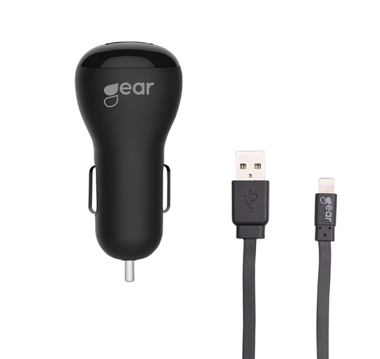 GEAR Laddare 12V 2xUSB 2,4A Svart Lightning Kabel 1m MFI